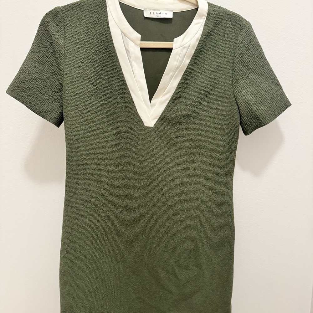Sandro Paris Shift Dress Minimalist Quiet Luxury Designer Small Olive Green - Picture 3 of 11